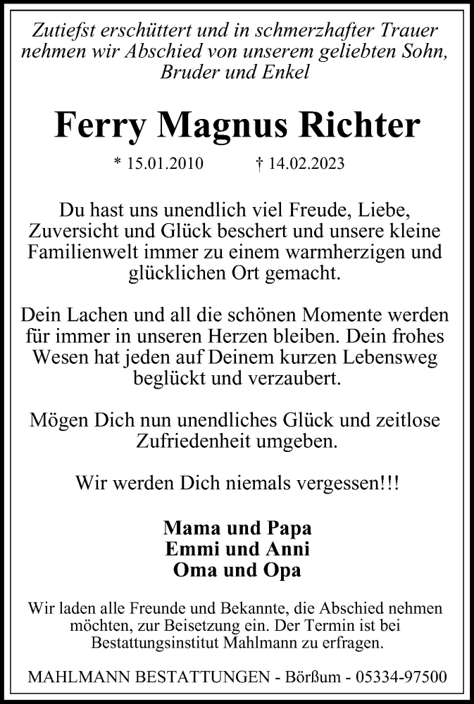  Traueranzeige für Ferry Magnus Richter vom 22.02.2023 aus Wolfenbütteler Zeitung