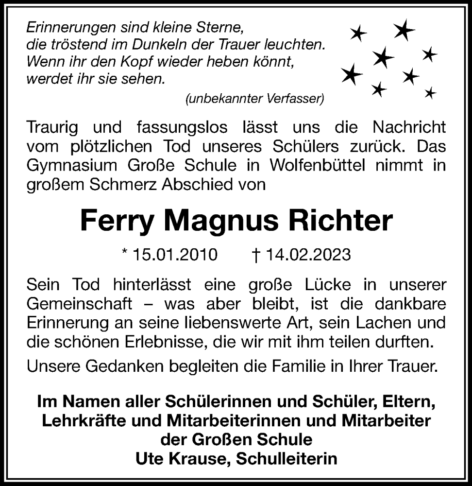  Traueranzeige für Ferry Magnus Richter vom 24.02.2023 aus Wolfenbütteler Zeitung