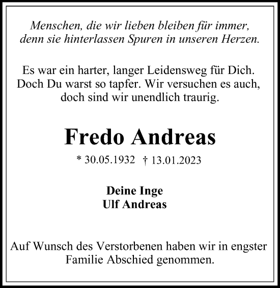 Traueranzeige von Fredo Andreas von Wolfenbütteler Zeitung