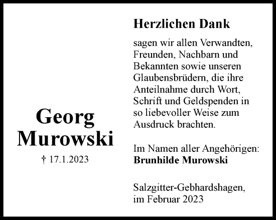 Traueranzeige von Georg Murowski von Salzgitter-Zeitung