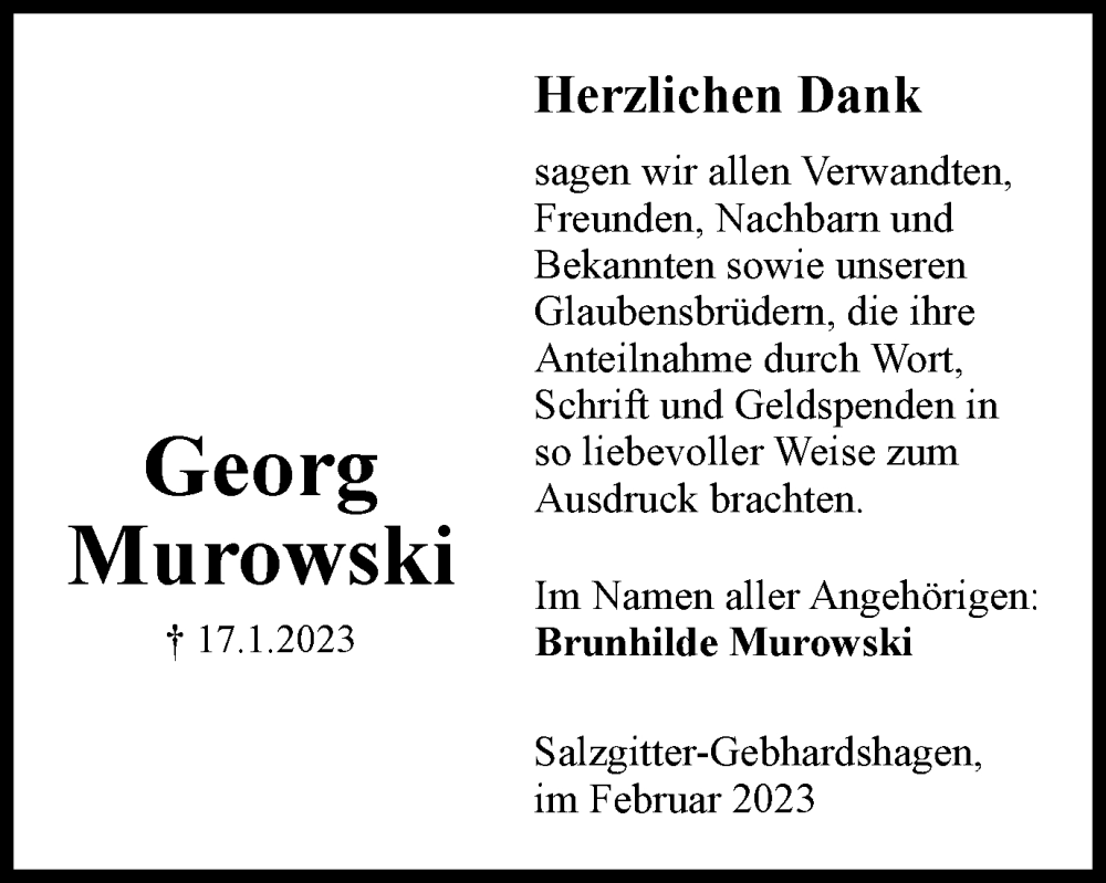  Traueranzeige für Georg Murowski vom 25.02.2023 aus Salzgitter-Zeitung