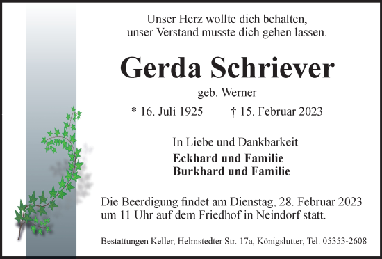 Traueranzeige von Gerda Schriever von Wolfsburger Nachrichten