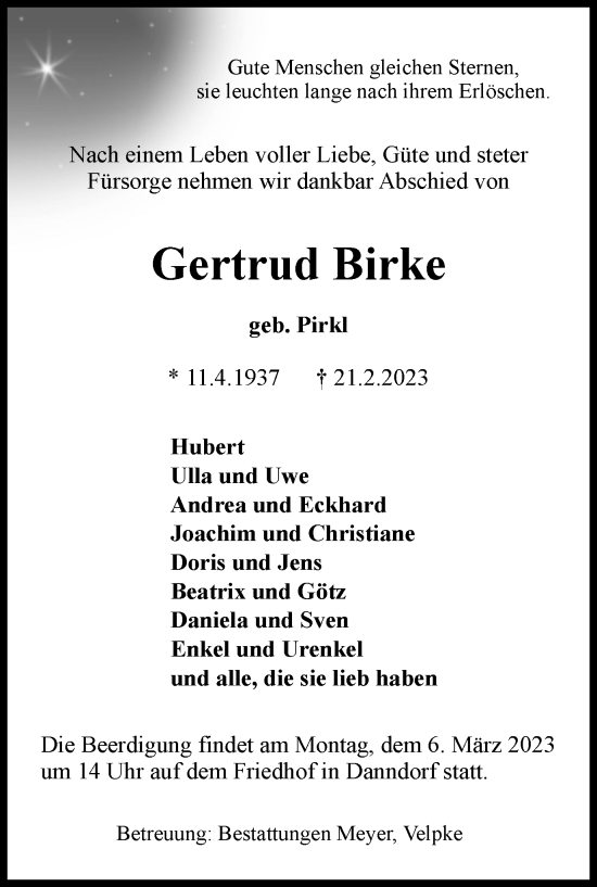 Traueranzeige von Gertrud Birke von Helmstedter Nachrichten