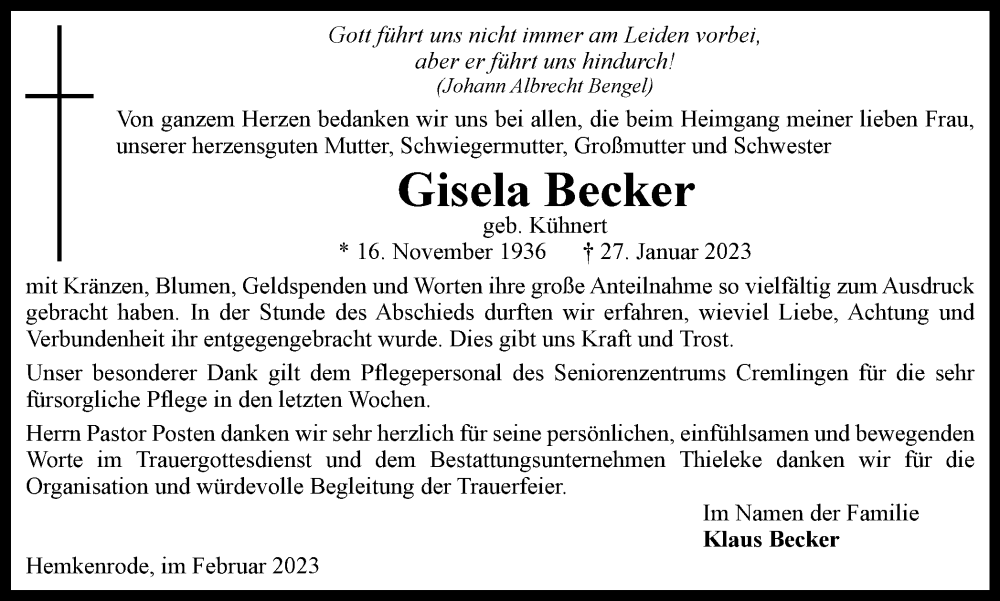  Traueranzeige für Gisela Becker vom 17.02.2023 aus Wolfenbütteler Zeitung
