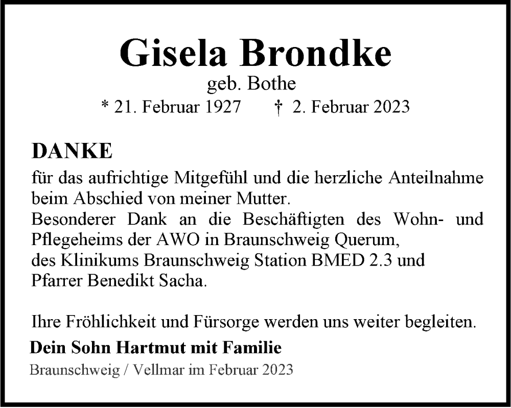  Traueranzeige für Gisela Brondke vom 25.02.2023 aus Braunschweiger Zeitung