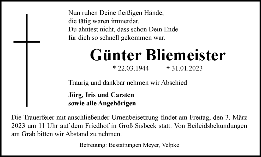  Traueranzeige für Günter Bliemeister vom 25.02.2023 aus Helmstedter Nachrichten