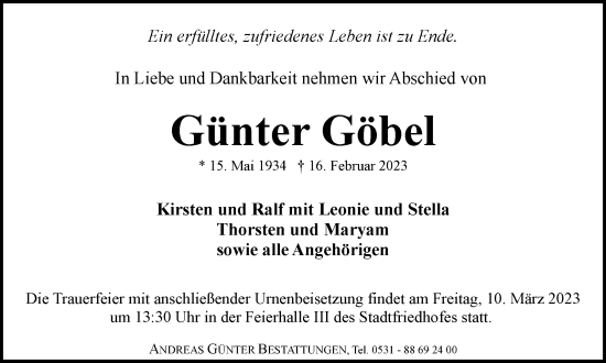 Traueranzeige von Günter Göbel von Braunschweiger Zeitung