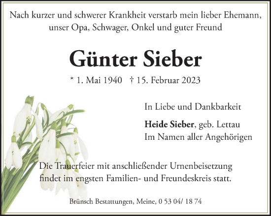 Traueranzeige von Günter Sieber von Braunschweiger Zeitung