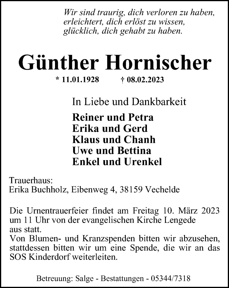  Traueranzeige für Günther Hornischer vom 21.02.2023 aus Peiner Nachrichten