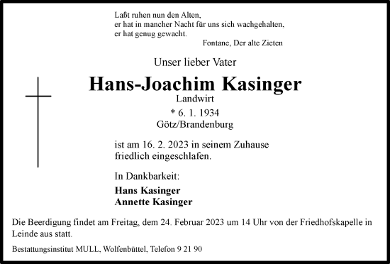 Traueranzeige von Hans-Joachim Kasinger von Wolfenbütteler Zeitung
