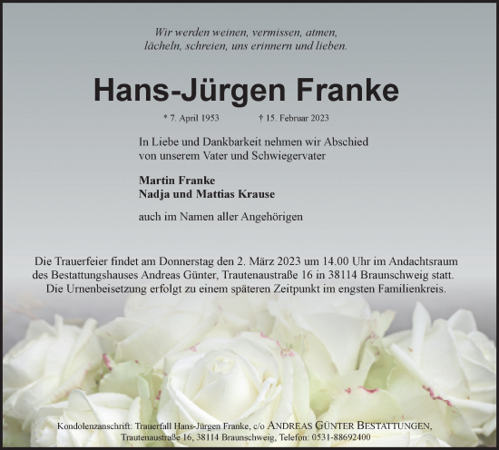 Traueranzeige von Hans-Jürgen Franke von Braunschweiger Zeitung