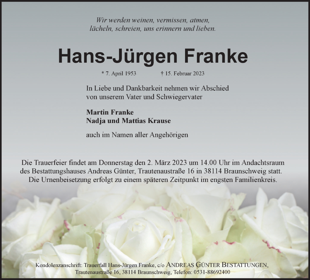  Traueranzeige für Hans-Jürgen Franke vom 25.02.2023 aus Braunschweiger Zeitung