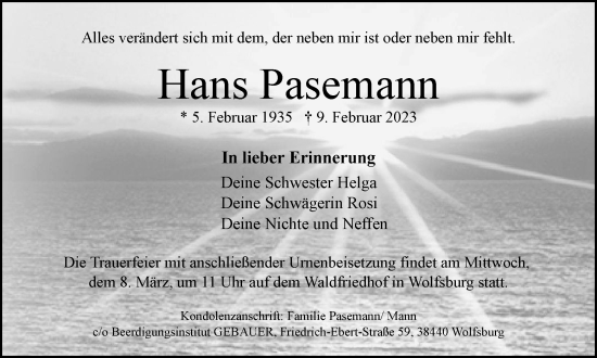 Traueranzeige von Hans Pasemann von Wolfsburger Nachrichten