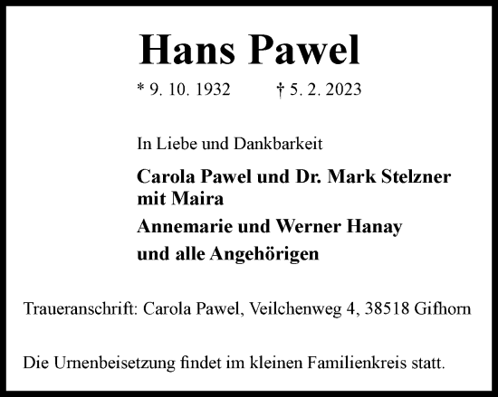 Traueranzeige von Hans Pawel von Wolfsburger Nachrichten