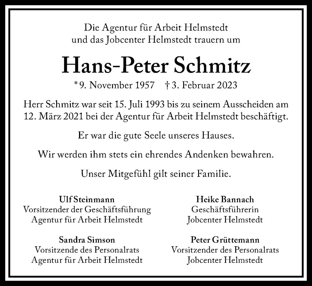  Traueranzeige für Hans-Peter Schmitz vom 22.02.2023 aus Helmstedter Nachrichten