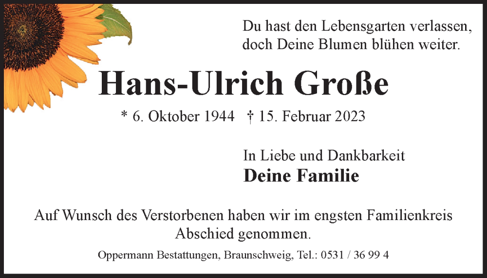  Traueranzeige für Hans-Ulrich Große vom 28.02.2023 aus Braunschweiger Zeitung