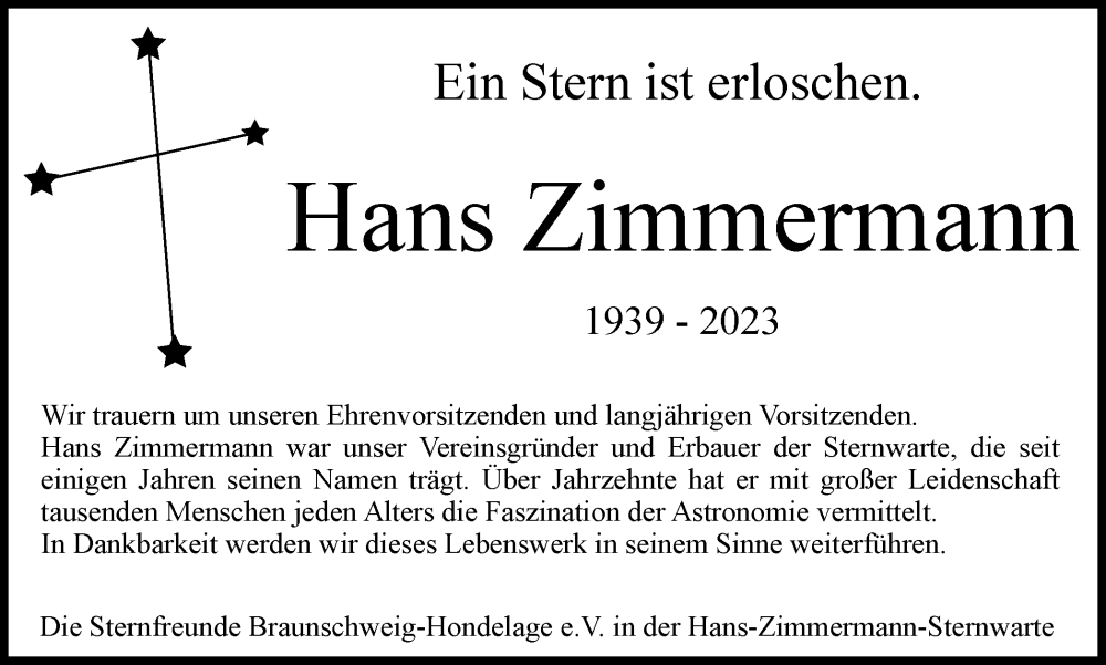  Traueranzeige für Hans Zimmermann vom 25.02.2023 aus Braunschweiger Zeitung