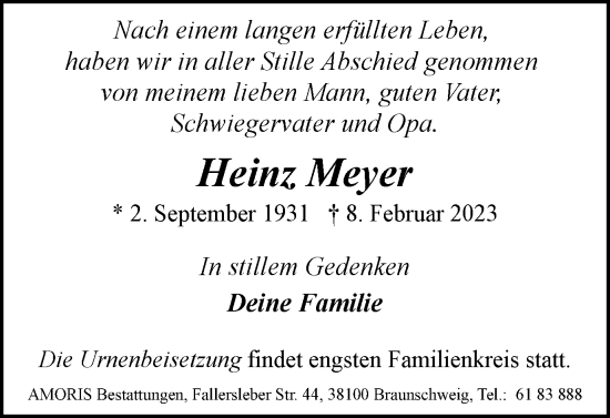 Traueranzeige von Heinz Meyer von Wolfenbütteler Zeitung