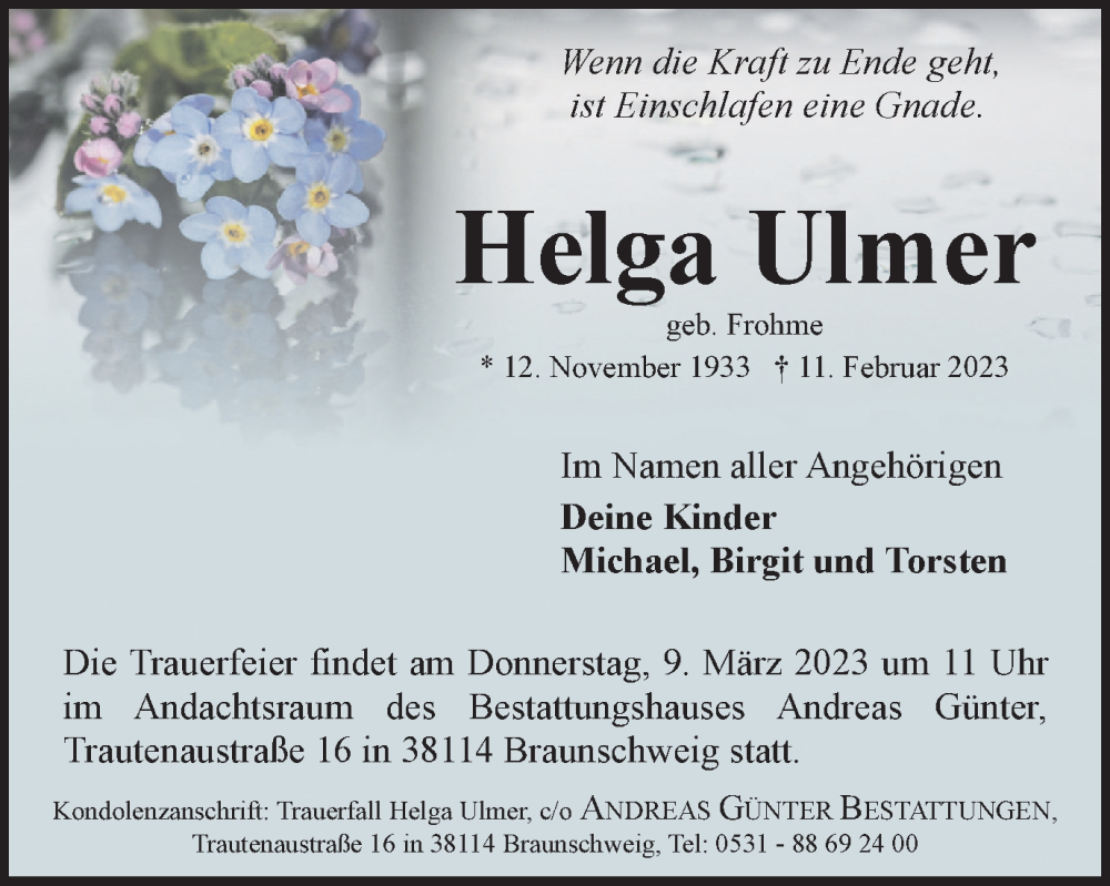  Traueranzeige für Helga Ulmer vom 18.02.2023 aus Braunschweiger Zeitung