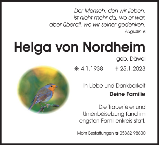 Traueranzeige von Helga von Nordheim von Wolfsburger Nachrichten