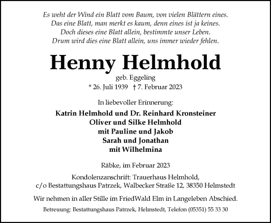 Traueranzeige von Henny Helmhold von Helmstedter Nachrichten