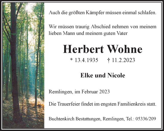 Traueranzeige von Herbert Wohne von Wolfenbütteler Zeitung