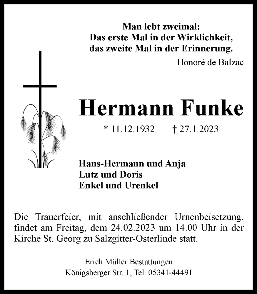  Traueranzeige für Hermann Funke vom 18.02.2023 aus Salzgitter-Zeitung