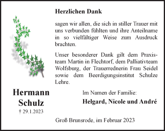 Traueranzeige von Hermann Schulz von Helmstedter Nachrichten