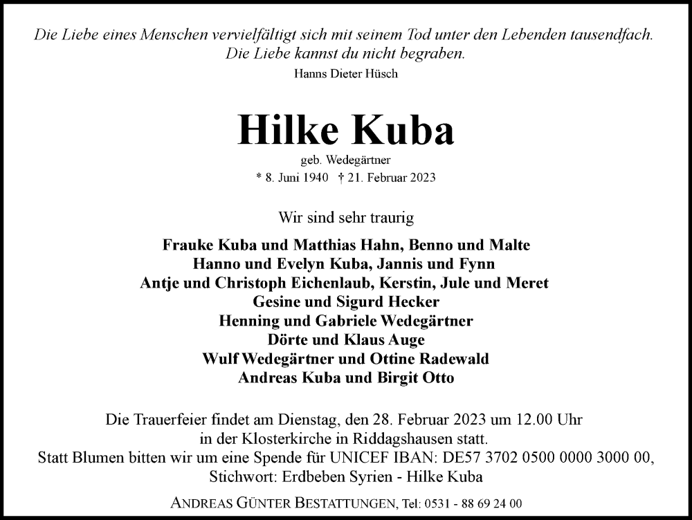  Traueranzeige für Hilke Kuba vom 25.02.2023 aus Braunschweiger Zeitung