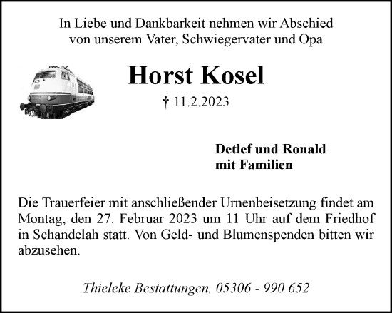Traueranzeige von Horst Kosel von Braunschweiger Zeitung