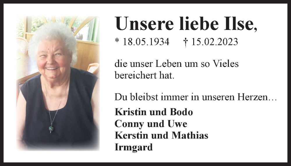  Traueranzeige für Ilse  vom 25.02.2023 aus Braunschweiger Zeitung