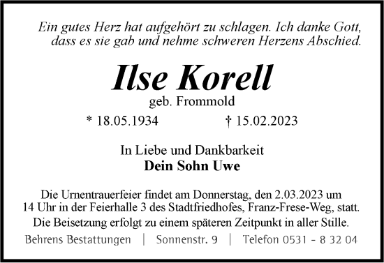 Traueranzeige von Ilse Korea von Braunschweiger Zeitung
