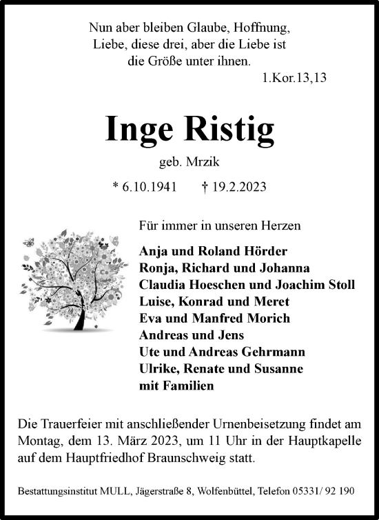 Traueranzeige von Inge Ristig von Wolfenbütteler Zeitung