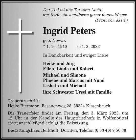 Traueranzeige von Ingrid Peters von Salzgitter-Zeitung, Wolfenbütteler Zeitung