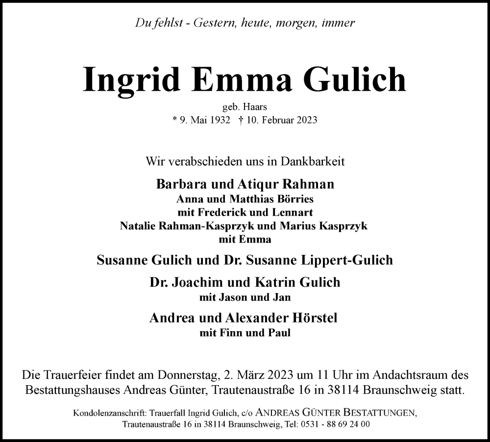  Traueranzeige für Ingrid Emma Gulich vom 18.02.2023 aus Braunschweiger Zeitung