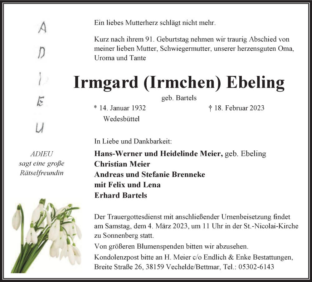  Traueranzeige für Irmgard Ebeling vom 25.02.2023 aus Peiner Nachrichten