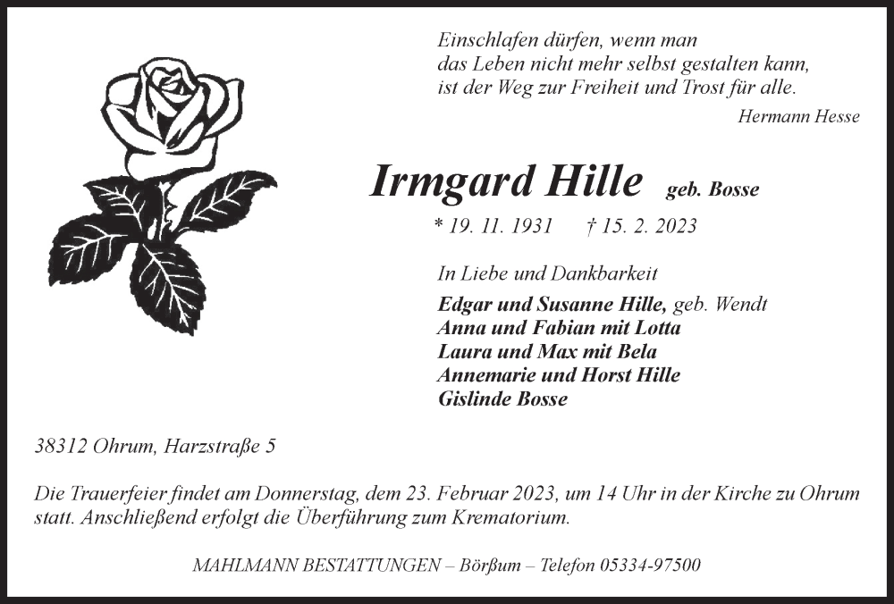  Traueranzeige für Irmgard Hille vom 18.02.2023 aus Wolfenbütteler Zeitung