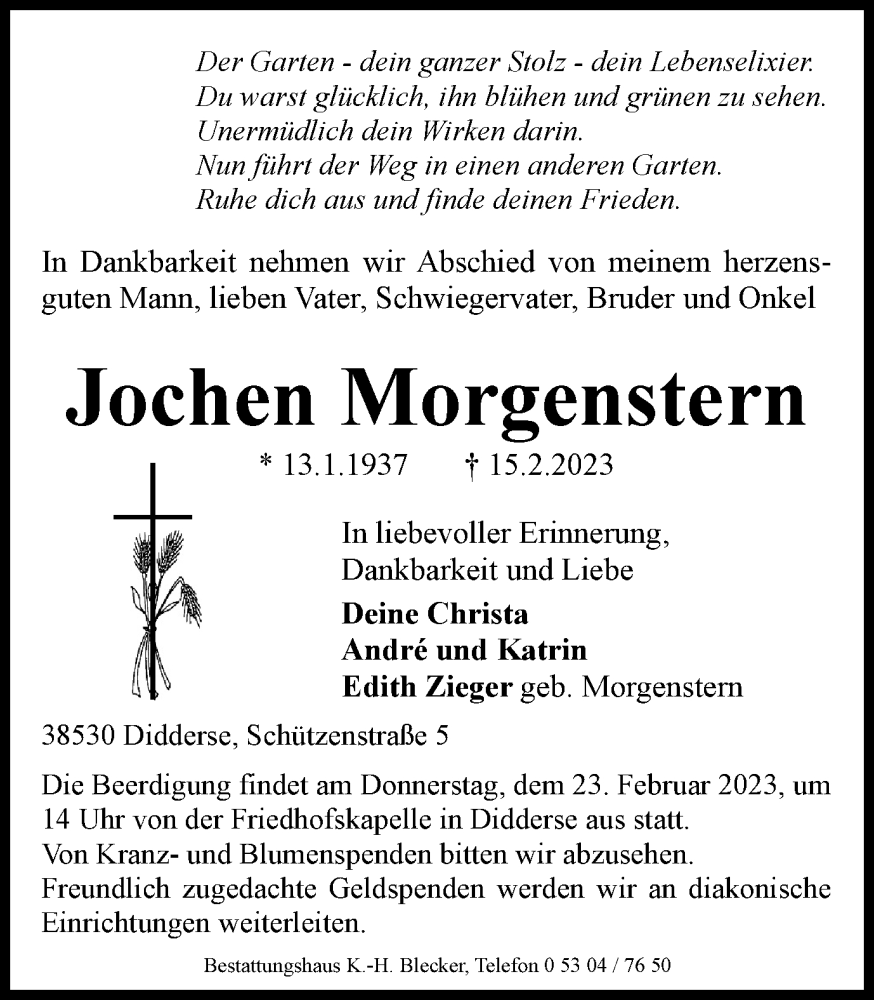  Traueranzeige für Jochen Morgenstern vom 18.02.2023 aus Wolfsburger Nachrichten