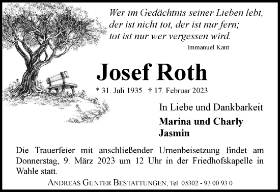 Traueranzeige von Josef Roth von Braunschweiger Zeitung