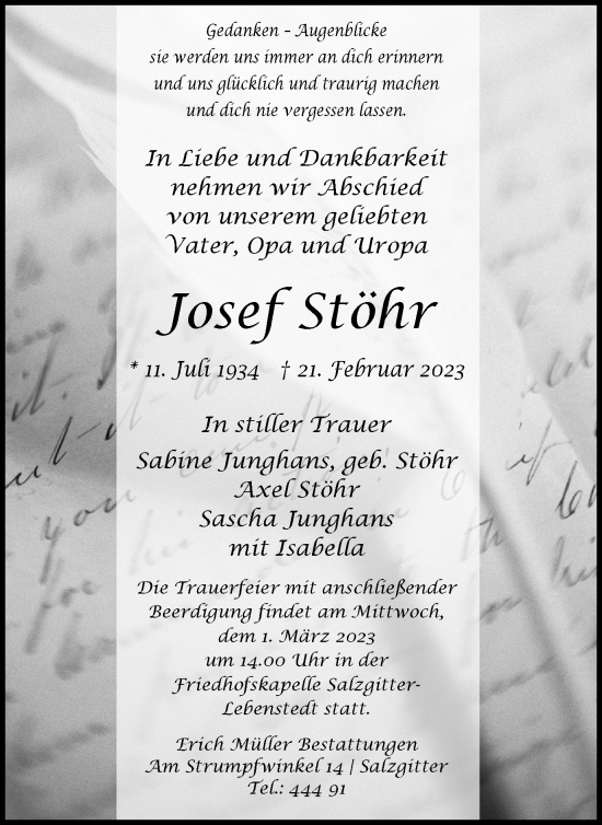 Traueranzeige von Josef Stöhr von Salzgitter-Zeitung