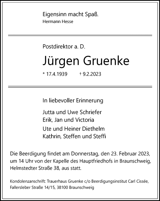 Traueranzeige von Jürgen Gruenke von Braunschweiger Zeitung