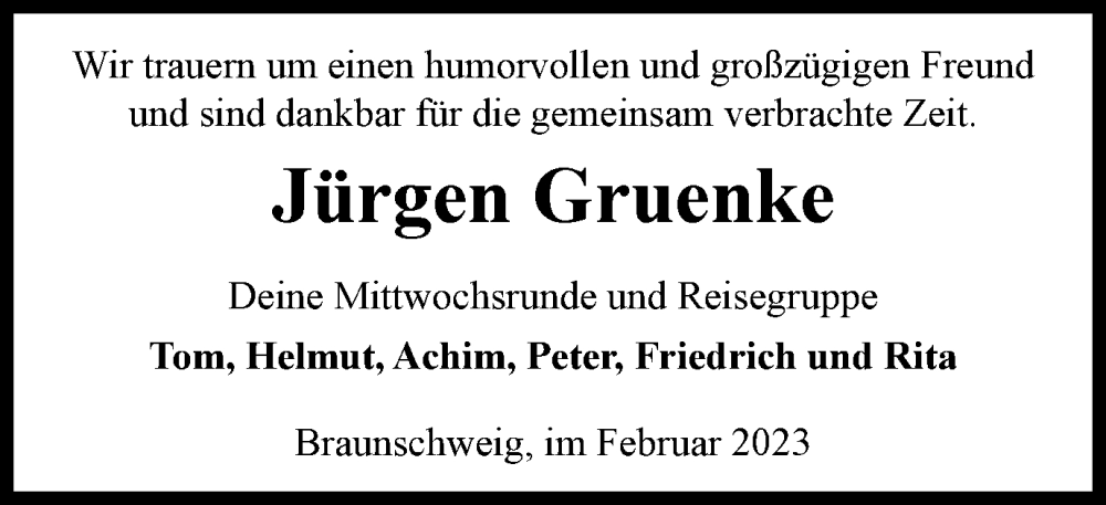  Traueranzeige für Jürgen Gruenke vom 22.02.2023 aus Braunschweiger Zeitung