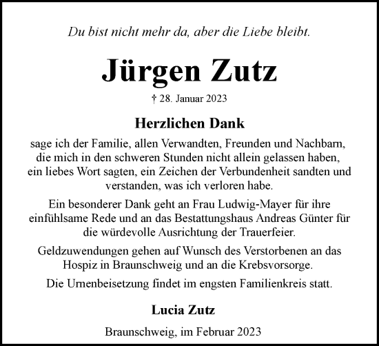 Traueranzeige von Jürgen Zutz von Braunschweiger Zeitung