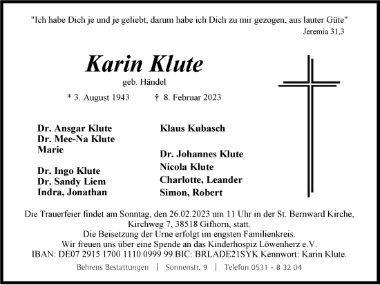 Traueranzeige von Karin Klute von Braunschweiger Zeitung, Wolfsburger Nachrichten