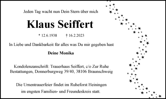 Traueranzeige von Klaus Seiffert von Braunschweiger Zeitung
