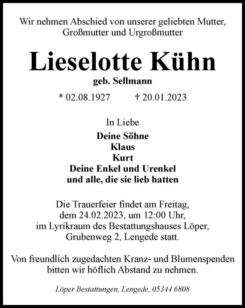  Traueranzeige für Lieselotte Kühn vom 18.02.2023 aus Peiner Nachrichten