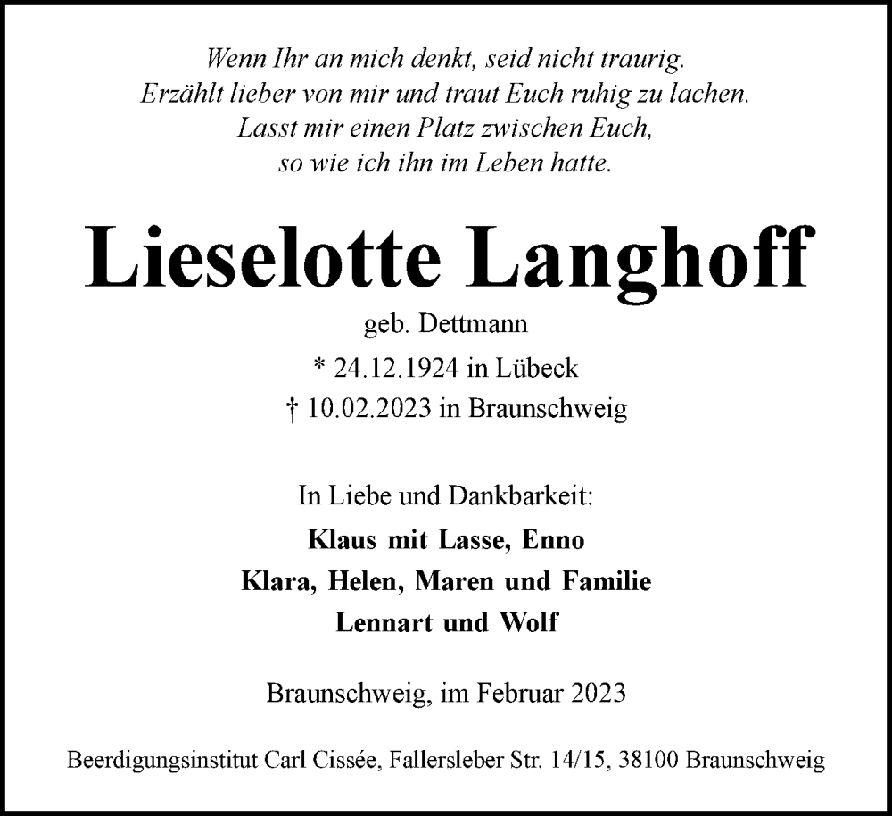  Traueranzeige für Lieselotte Langhoff vom 18.02.2023 aus Braunschweiger Zeitung