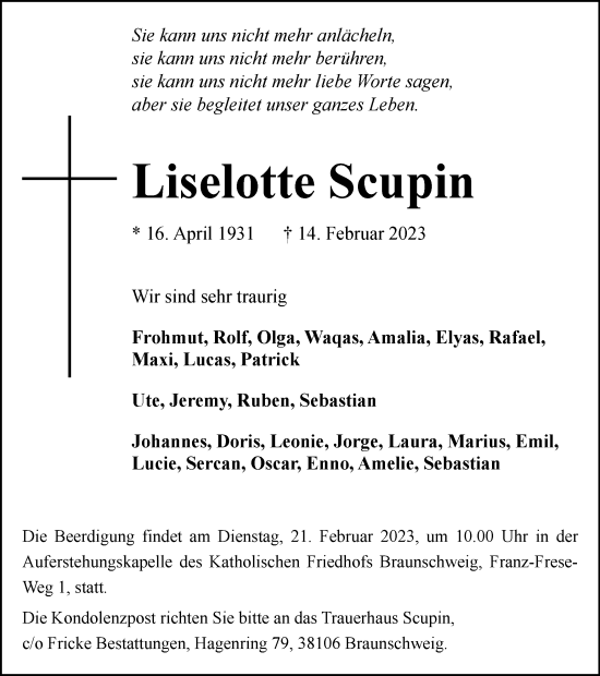 Traueranzeige von Liselotte Scupin von Braunschweiger Zeitung