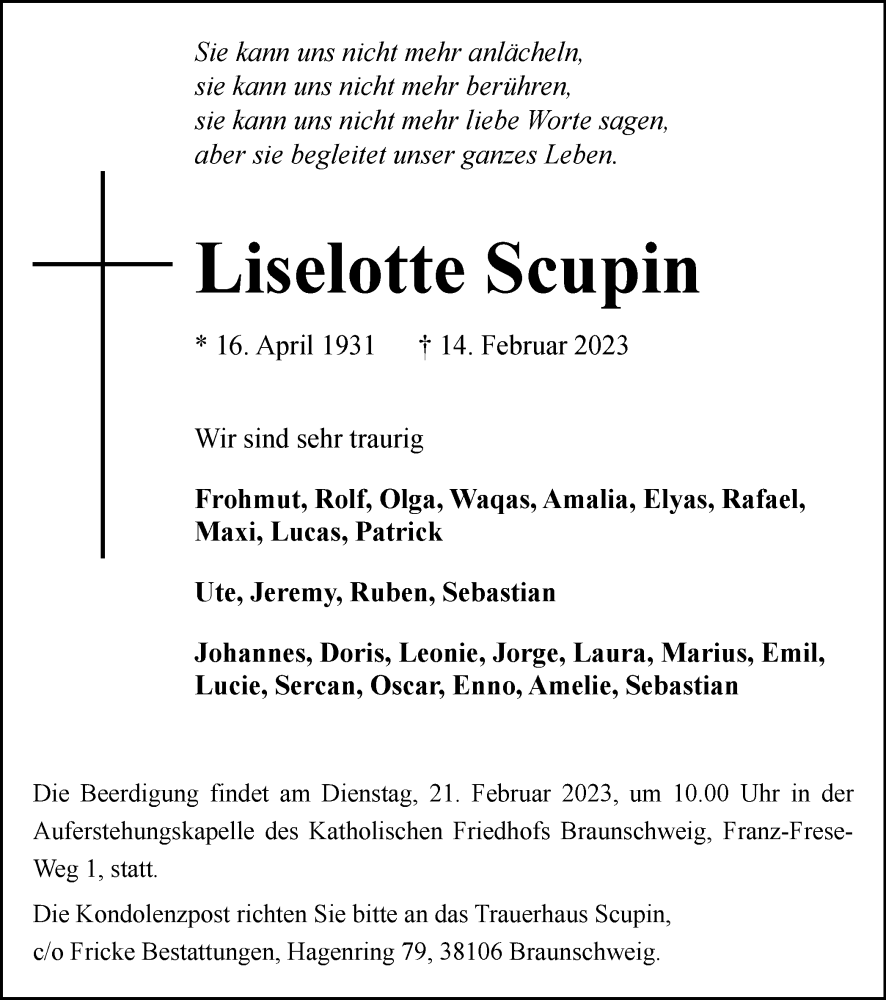  Traueranzeige für Liselotte Scupin vom 18.02.2023 aus Braunschweiger Zeitung