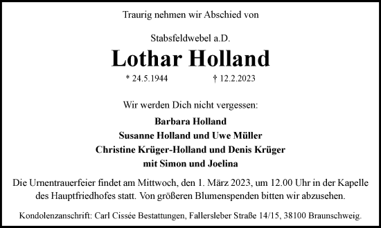 Traueranzeige von Lothar Holland von Braunschweiger Zeitung